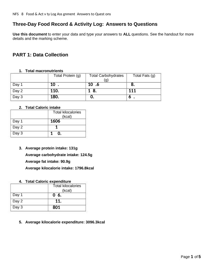 Food and Activity Log Assignment Macronutrients Caloric Intake Document
