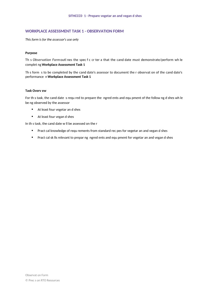 SITHCCC031 Vegetarian and Vegan Dishes - Task 1 Observation Form