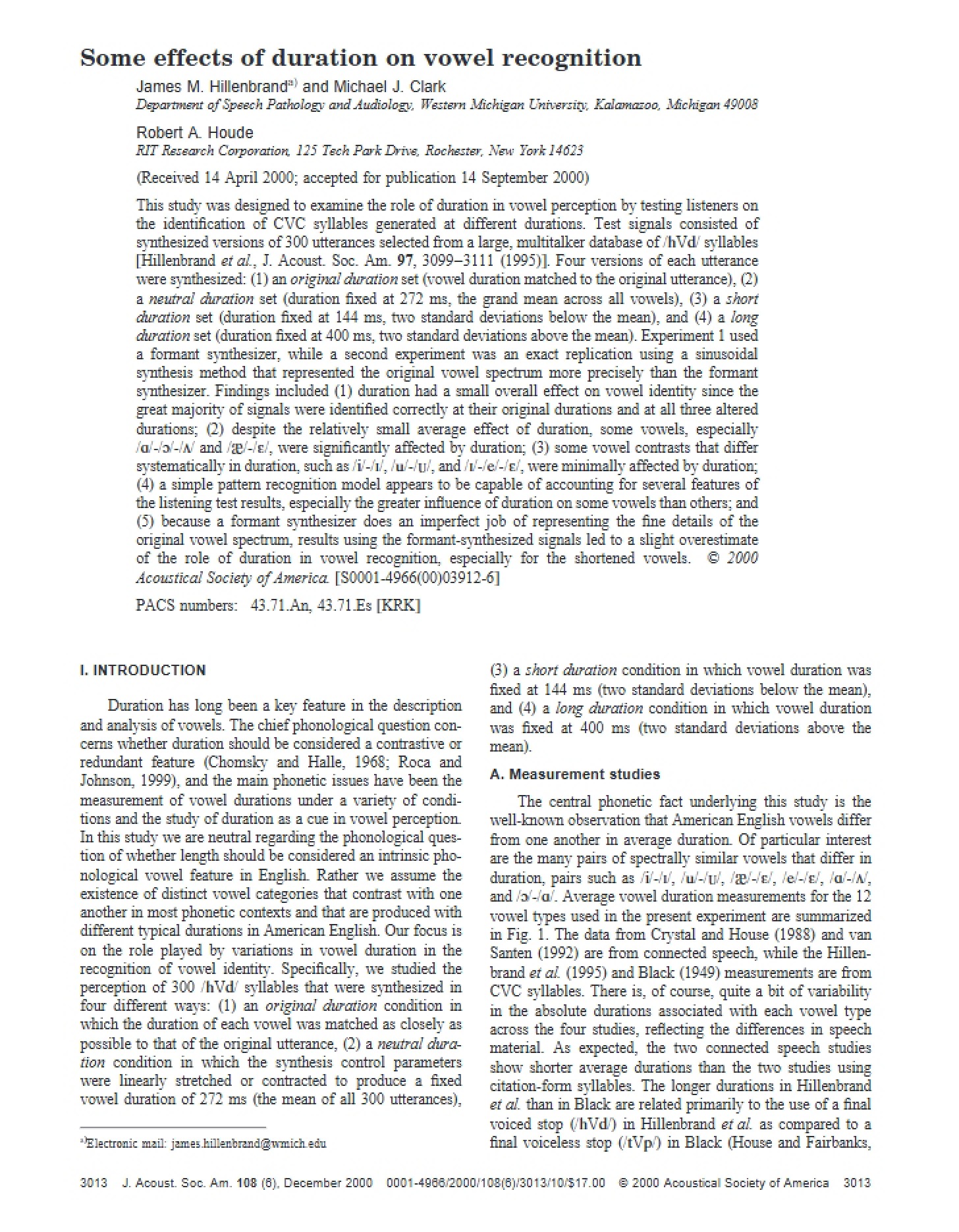 Vowel Recognition Duration Effects