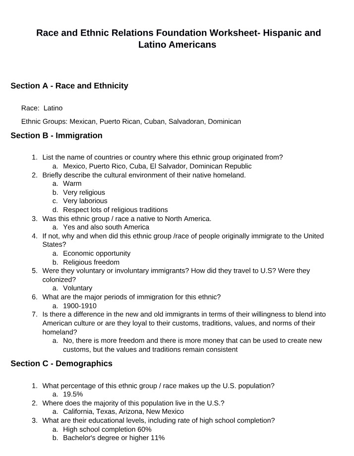 Hispanic and Latino Americans - Race and Ethnic Relations Worksheet