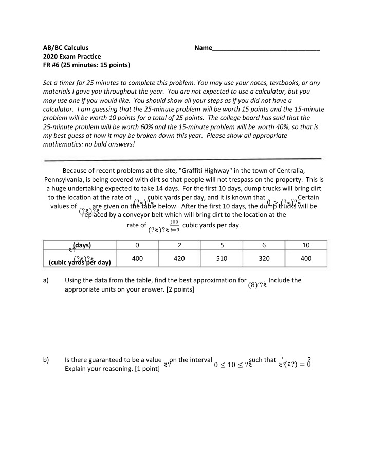 Dirt Coverage Practice Problem - 2020 ABBC Calculus Exam