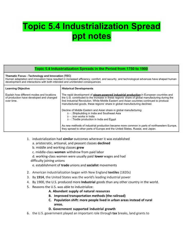 PPT Notes for Topic 5.4 - Industrialization Spread