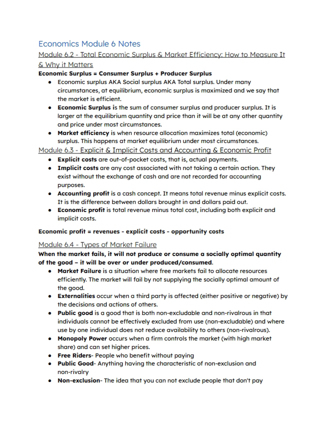 Notes for the Sixth Economics Module
