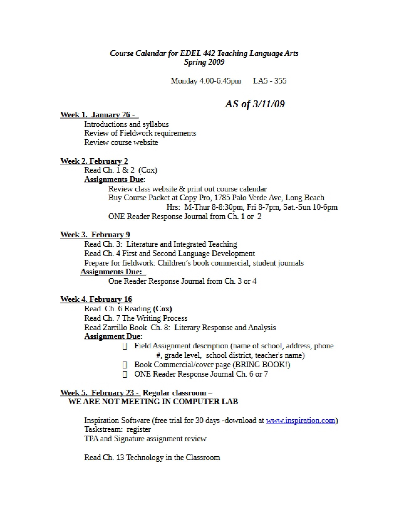Spring 2009 Course Calendar (Part 3)