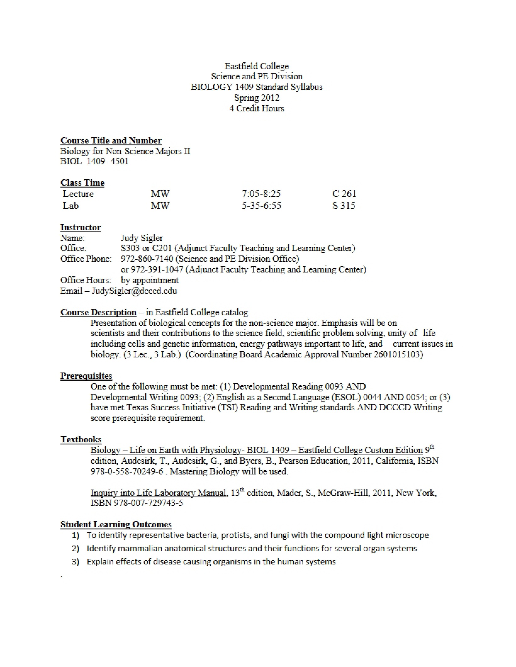 Course Syllabus Biology for Non-Science Majors II