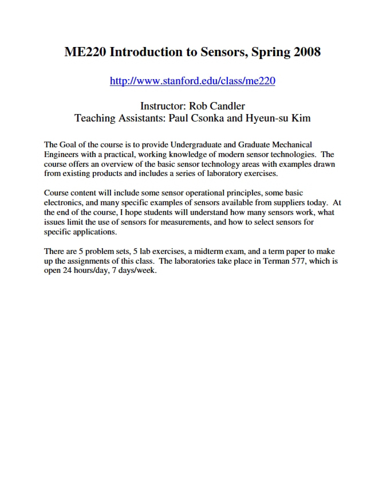 Syllabus for Introduction to Sensors