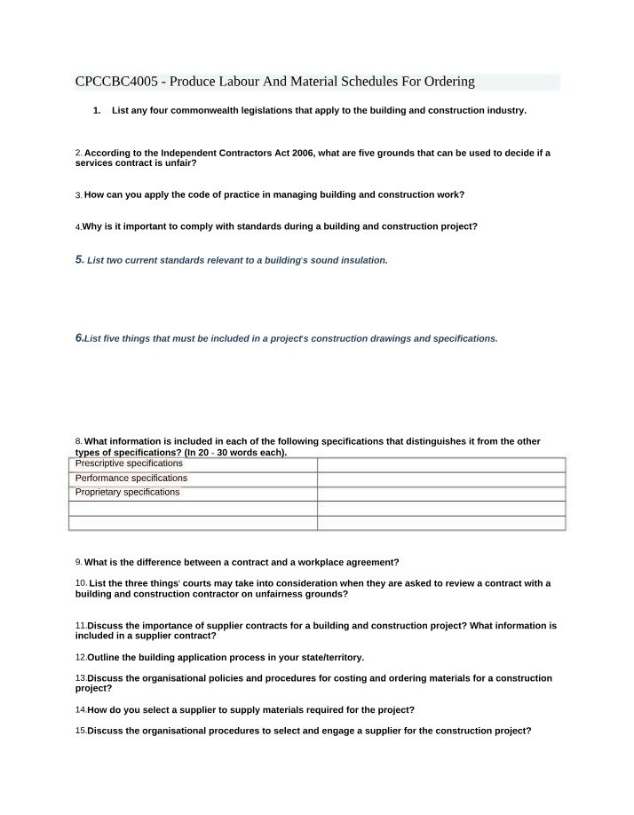 Labour and Material Schedules for Ordering (CPCCBC4005)