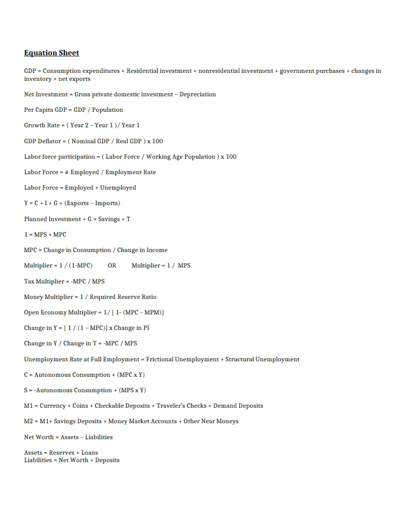 Sheet of Equations