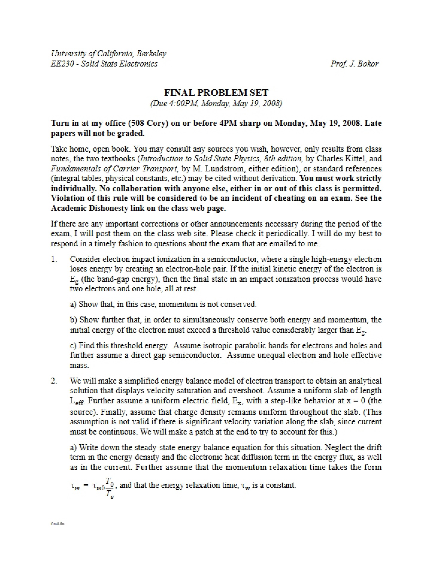 Final Problem Set (ELENG 230)