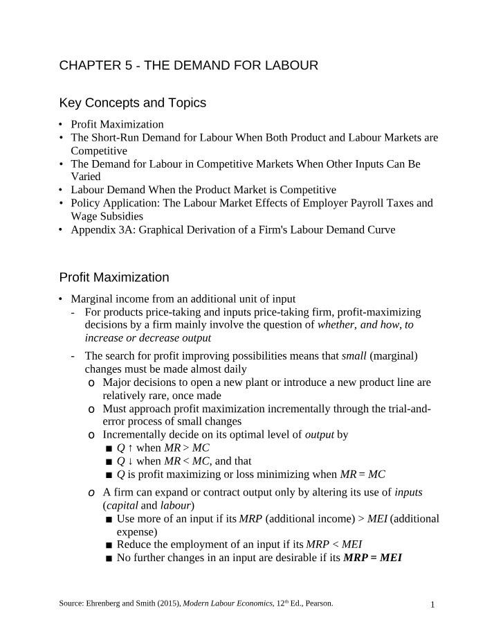 The Demand for Labour - Chapter 5