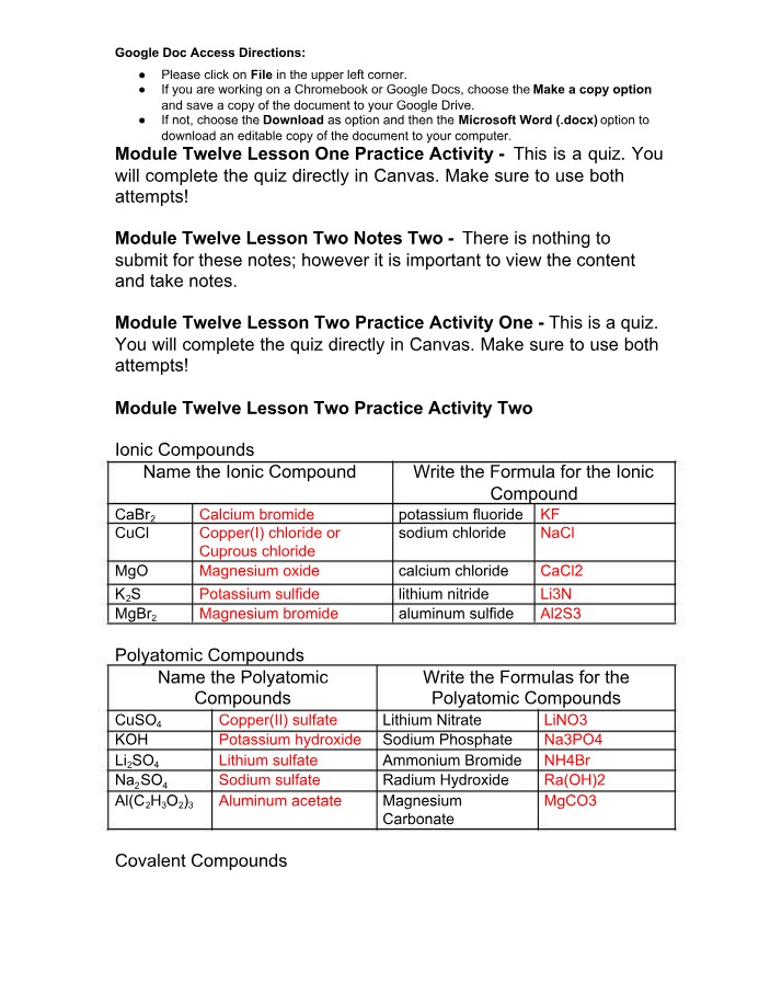 Practice Activity Two for Module Twelve Lesson Two