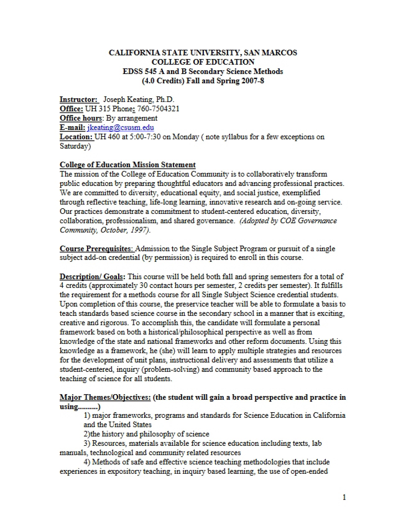 Secondary Science Methods Syllabus (Part B)