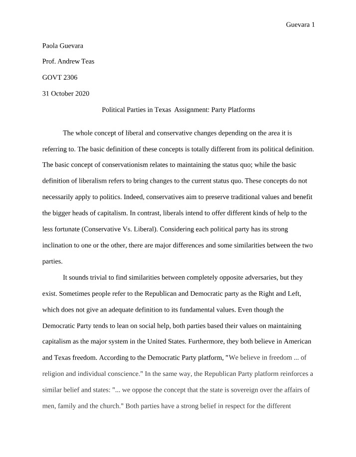 Texas Political Parties - Party Platforms Assignment