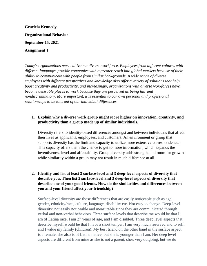 Assignment 1 - Organizational Behavior