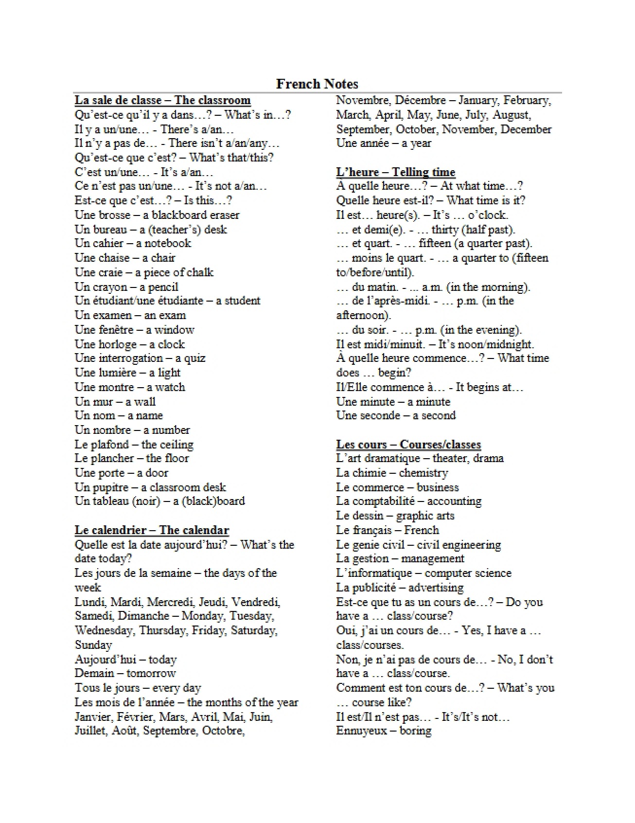 Elementary French I Course Notes