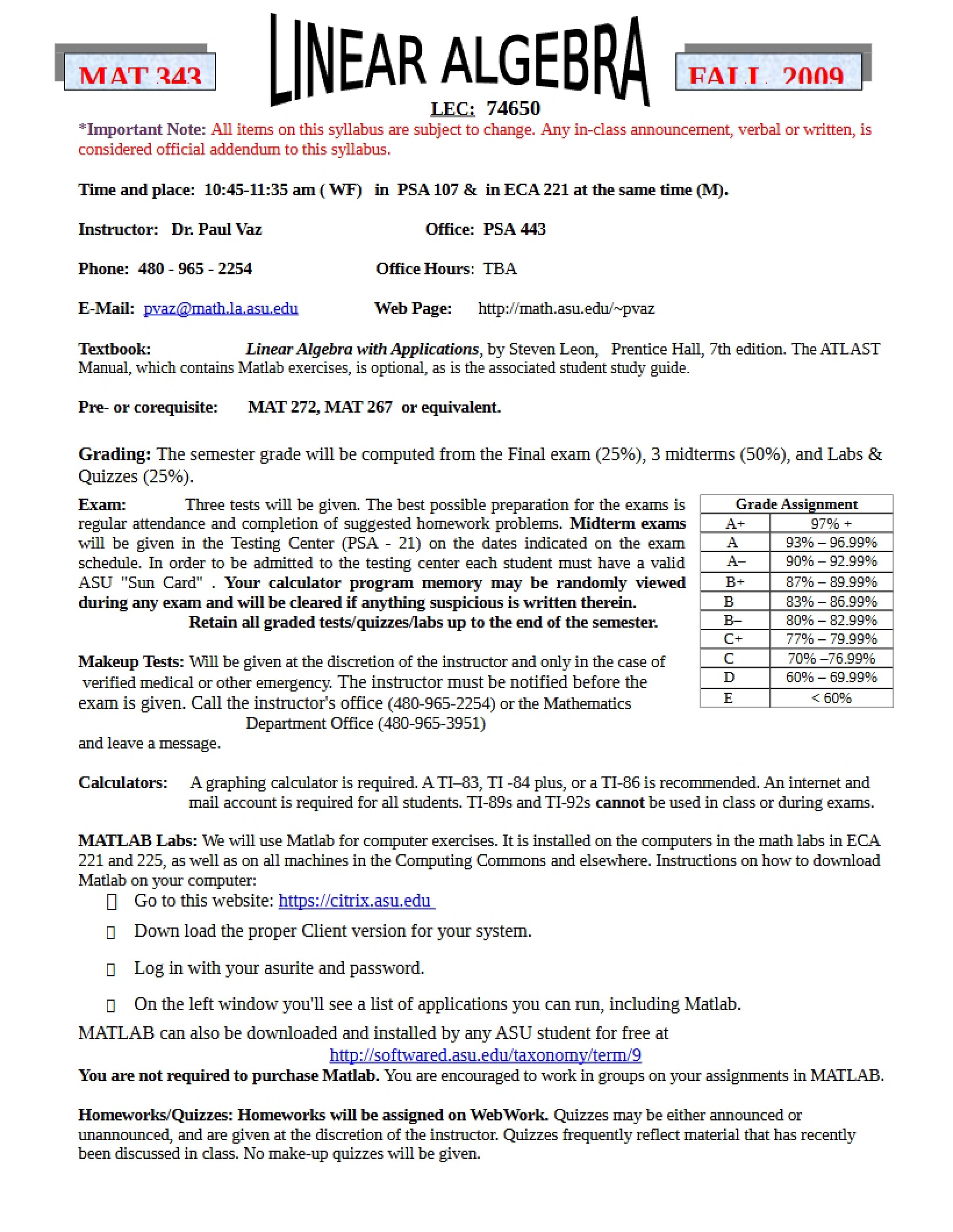 Course Syllabus Applied Linear Algebra