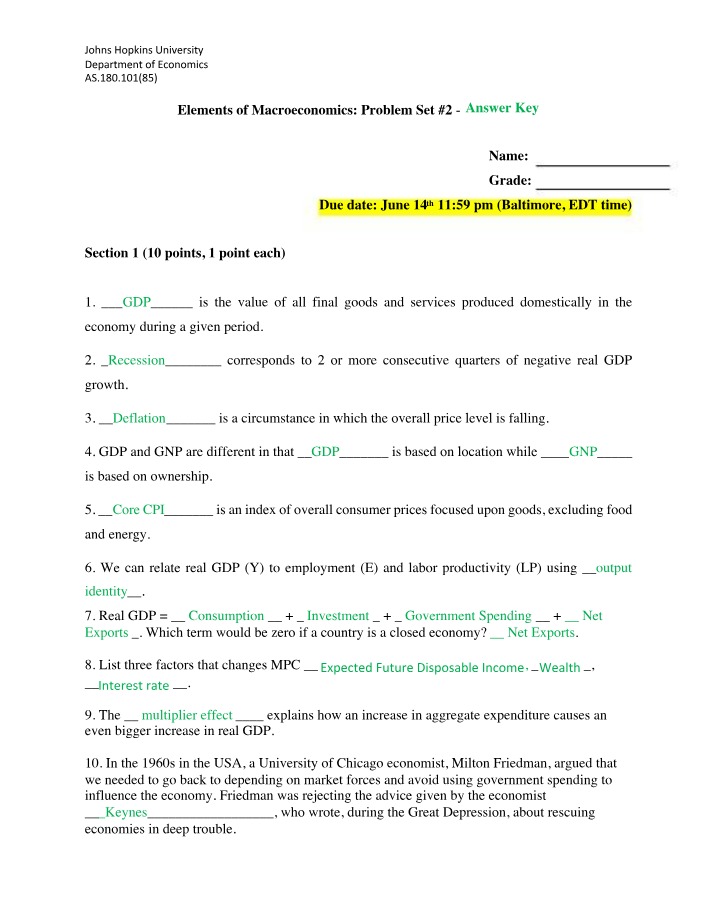 Problem Set 2 Answer Key