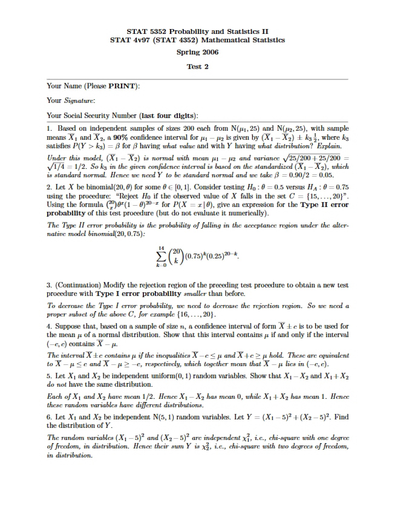 Second Test for Statistics Topics
