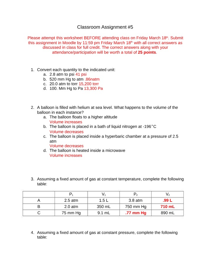 Worksheet on Gas Law Calculations, Unit Conversions, and Volume
