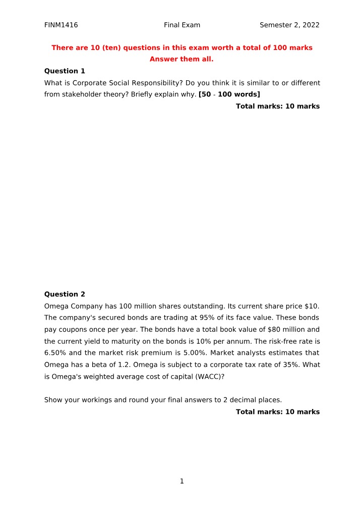 Corporate Social Responsibility - FINM1416 Final Exam 2022