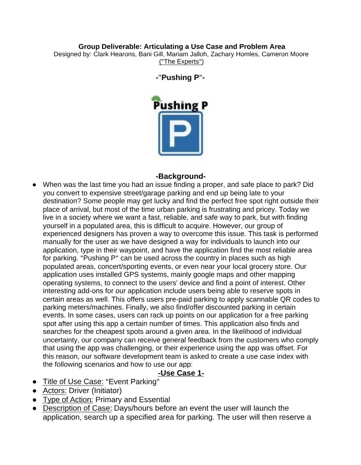 Use Case Study for Pushing P Parking App