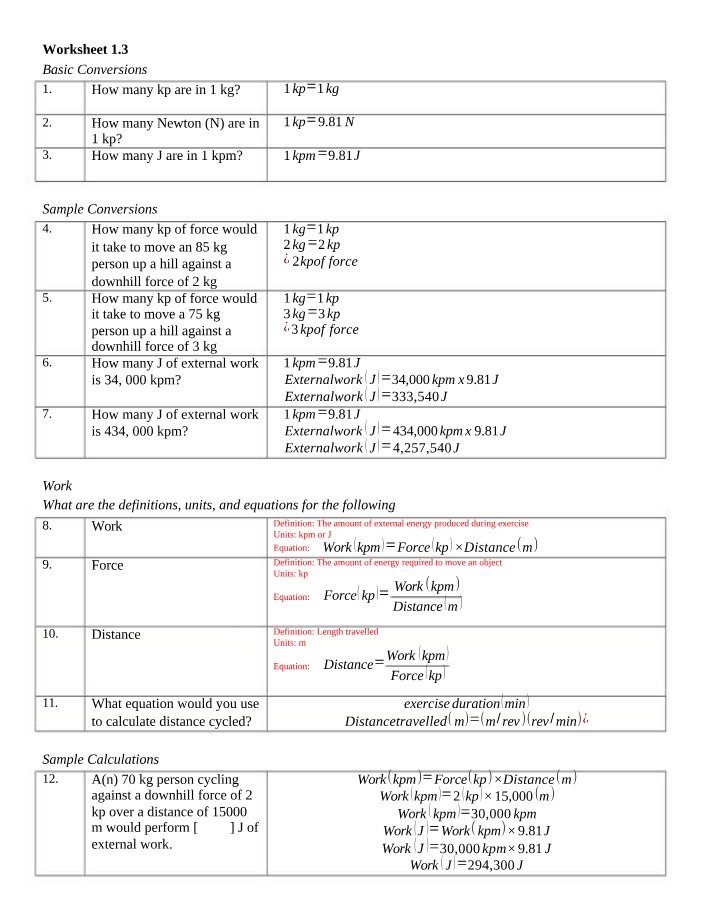 Basic Conversions Worksheet - kp, kg, N, and J