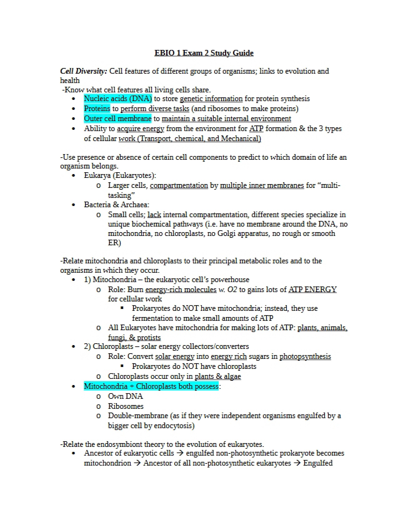 Study Guide for Biology One Exam Two