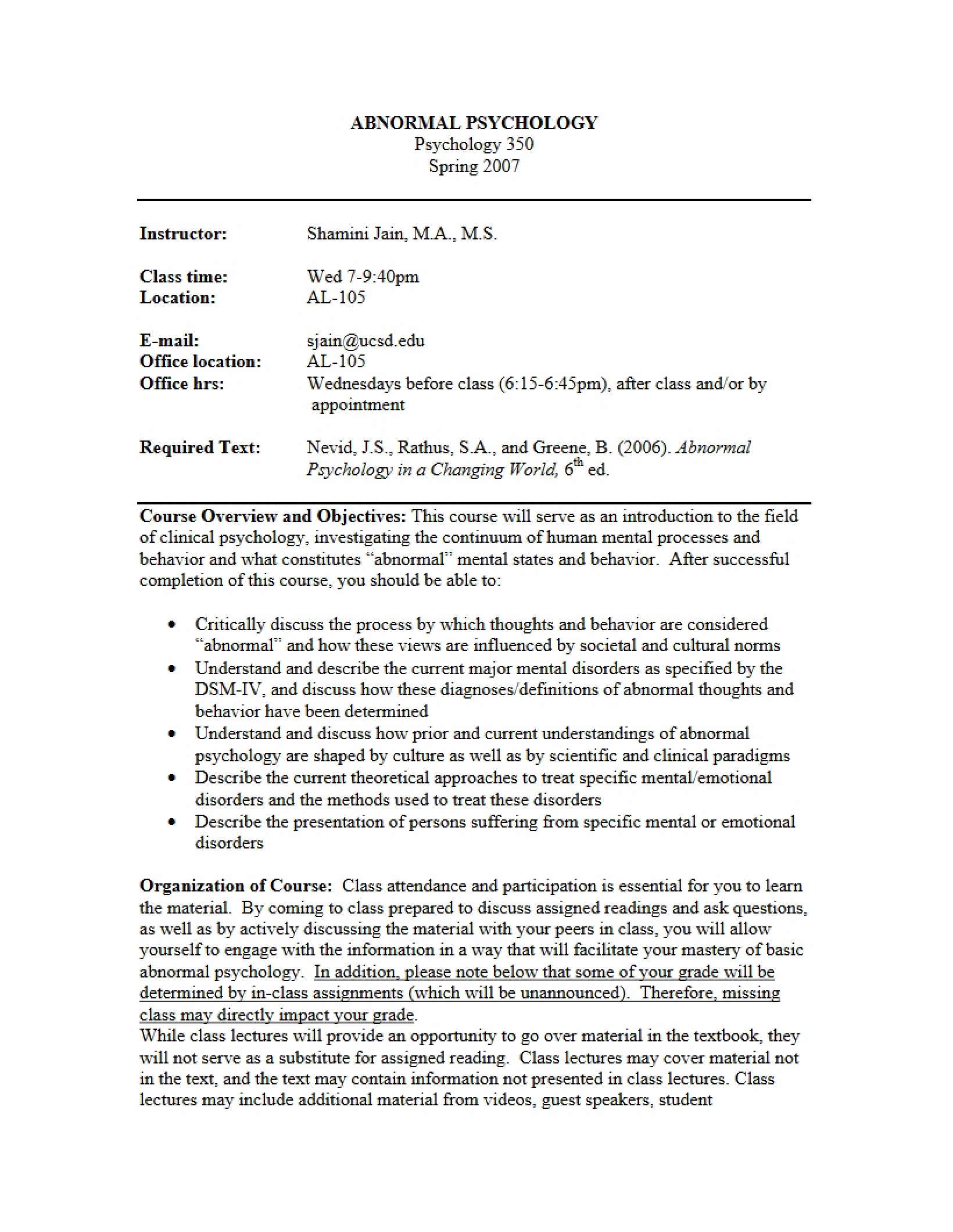 Abnormal Psychology Syllabus