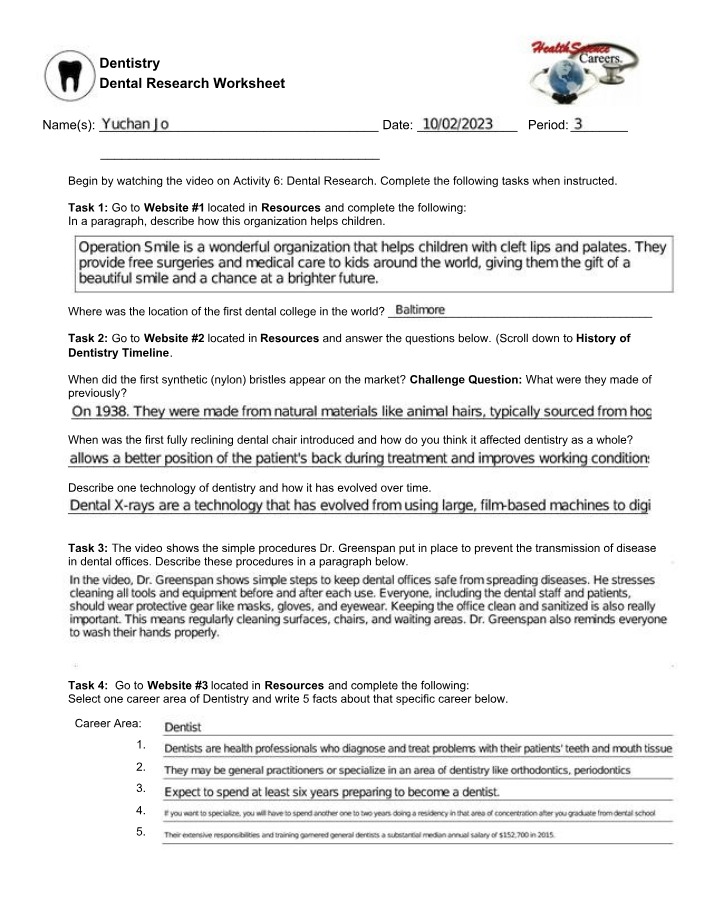Worksheet for Dental Research
