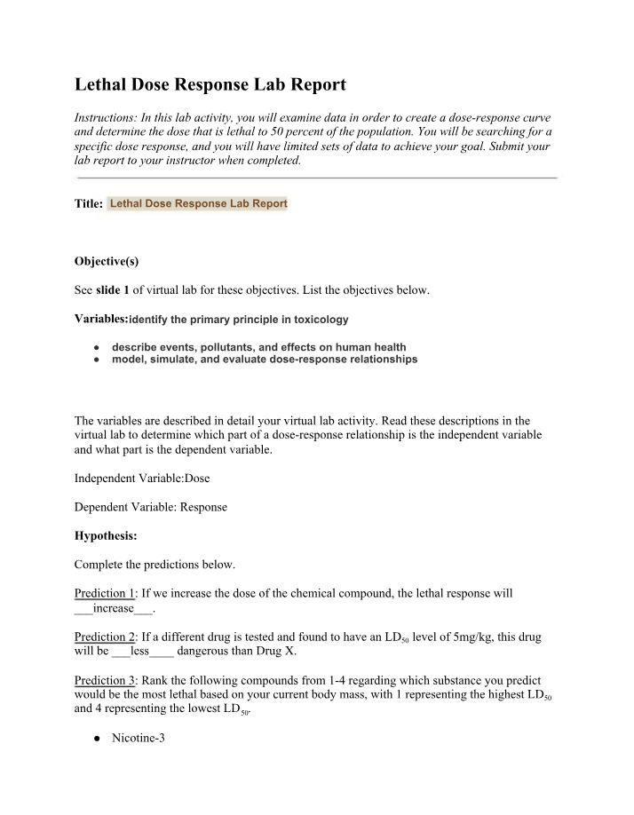 Findings for Lethal Dose Response Lab Report
