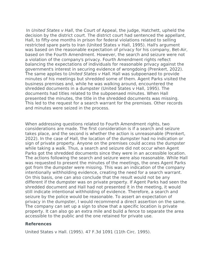 United States v Hall - Fourth Amendment Privacy Rights