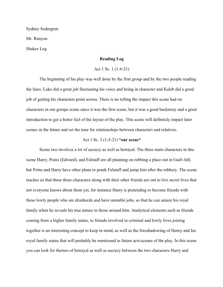 Act 1 Scene Reading Log