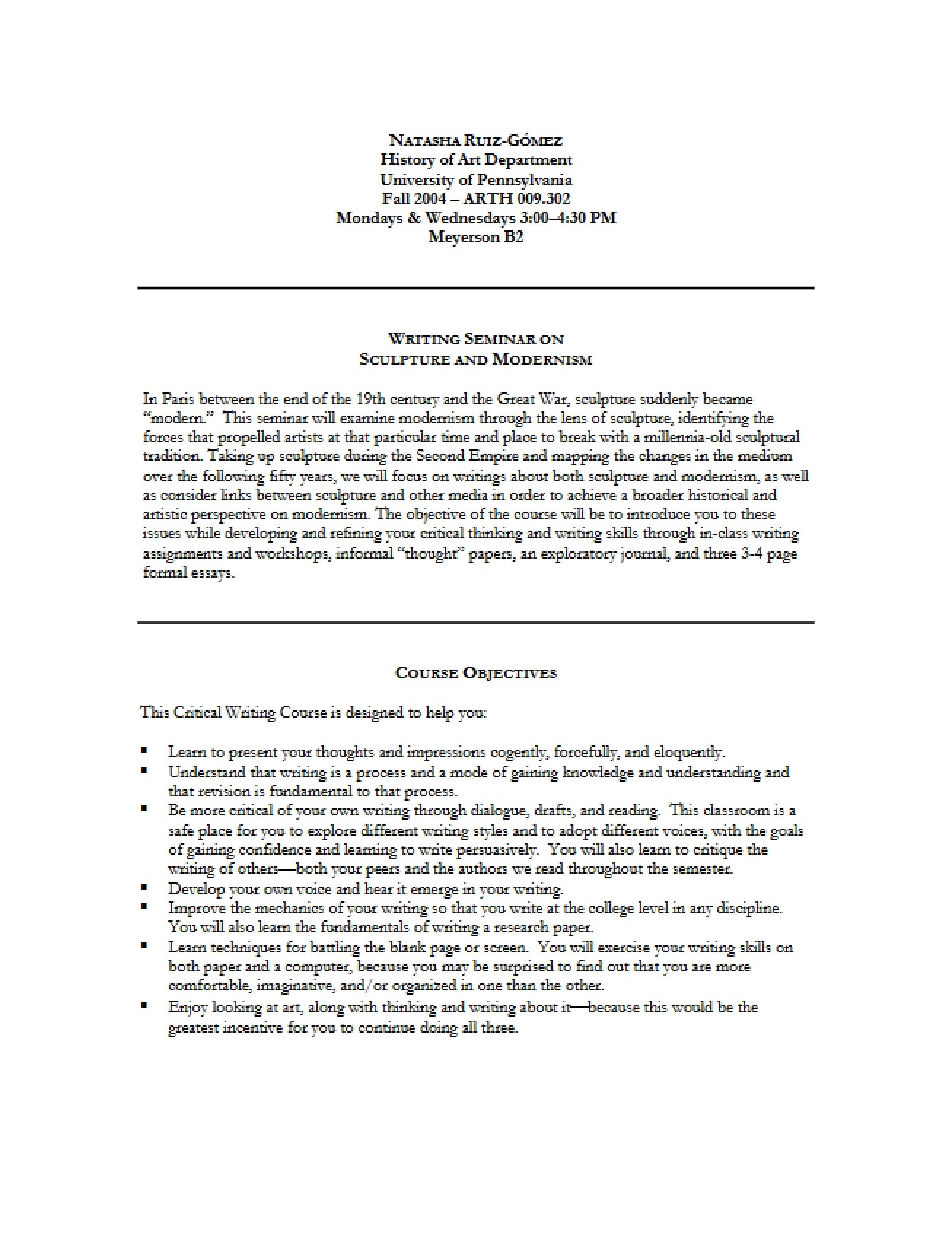 Sculpture and Modernism Seminar Syllabus