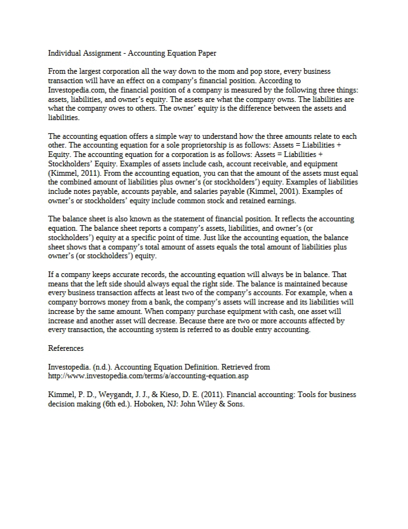 Accounting Equation Paper Assignment