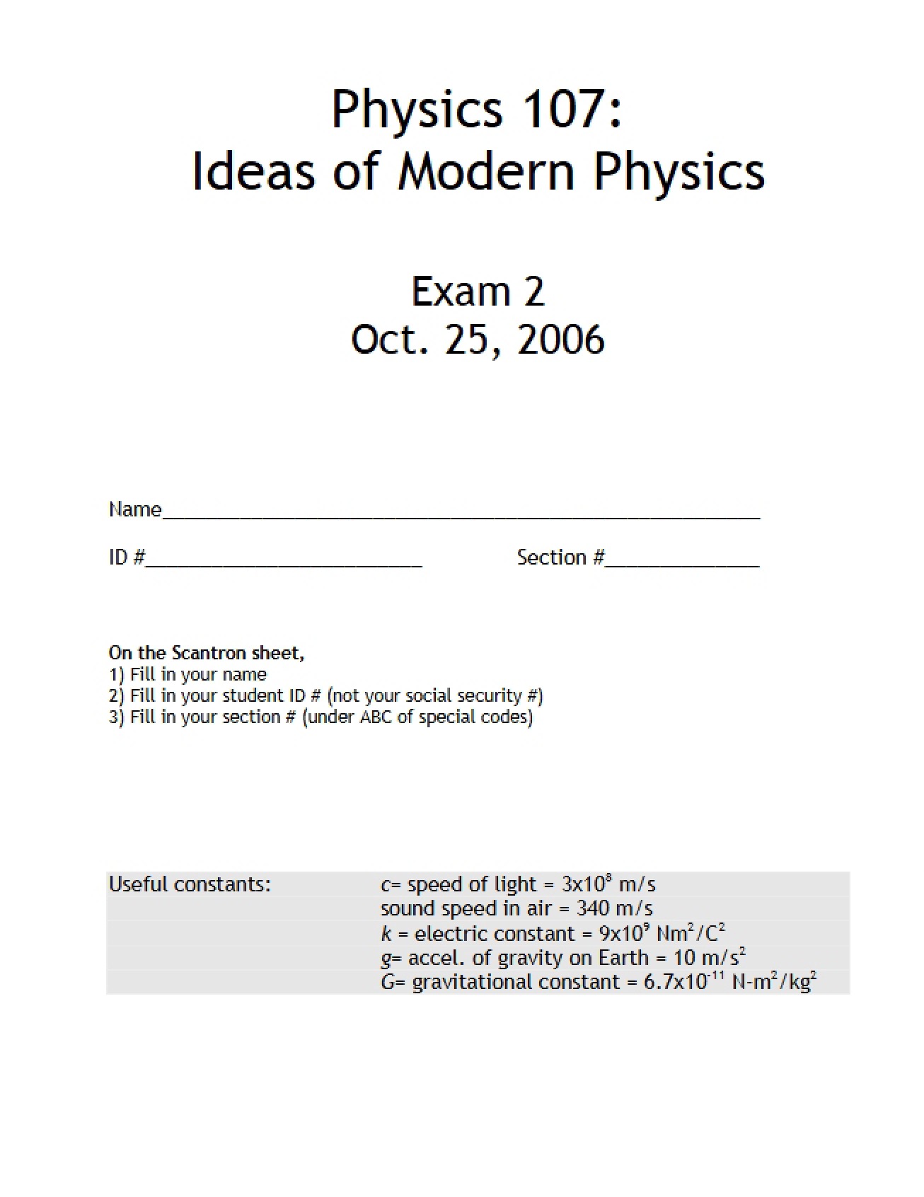 Physics 107 Second Exam