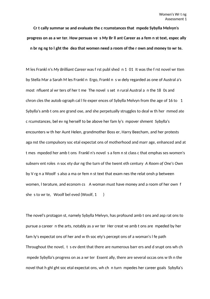 Impediments to Sybylla Melvyn's Writing Career - A Feminist Perspective