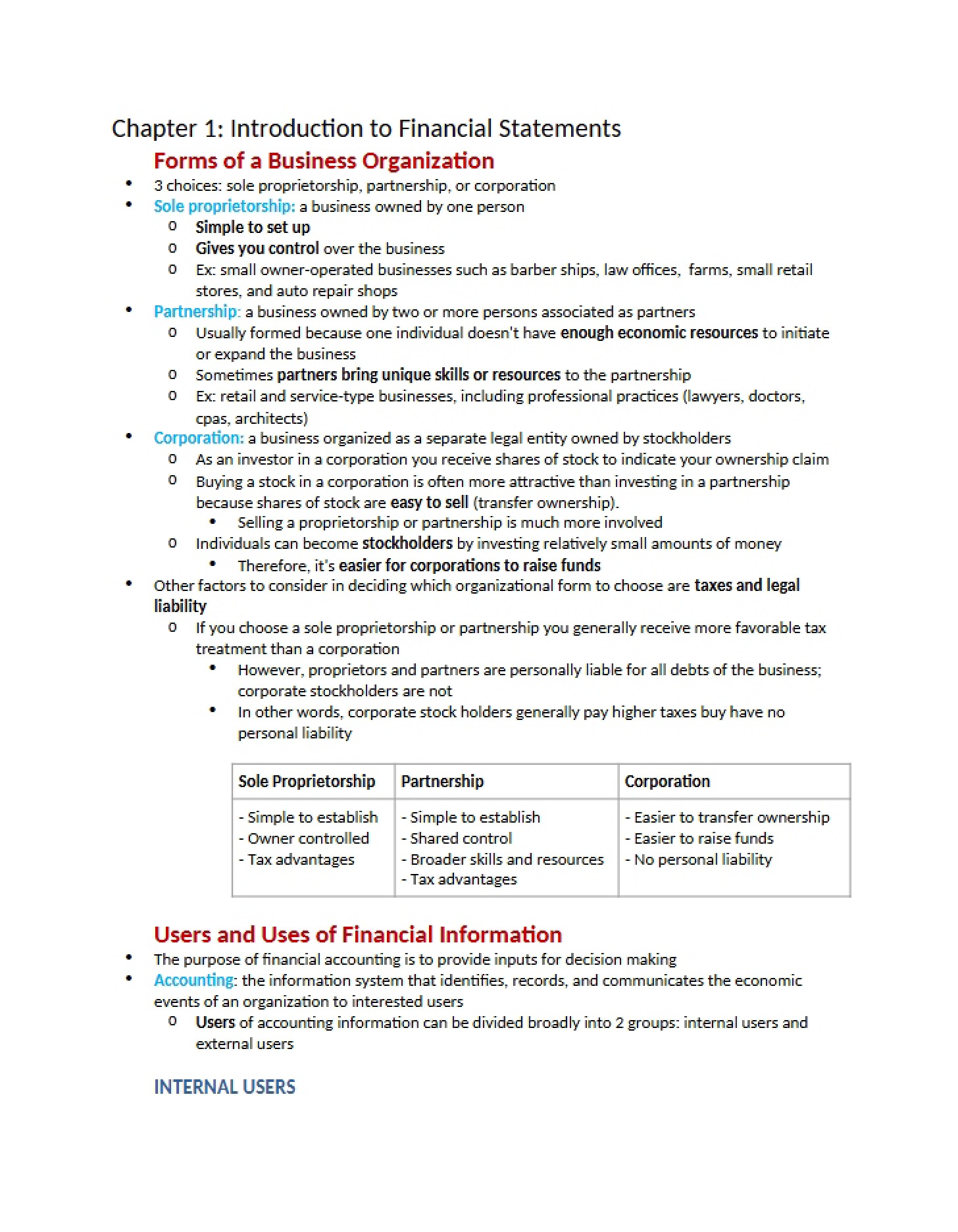 Financial Statement Intro (Chapter 1)