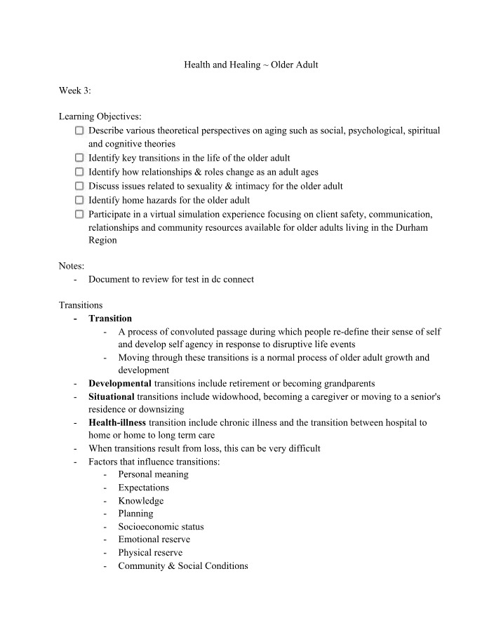 Transitions and Relationships in Aging - Key
