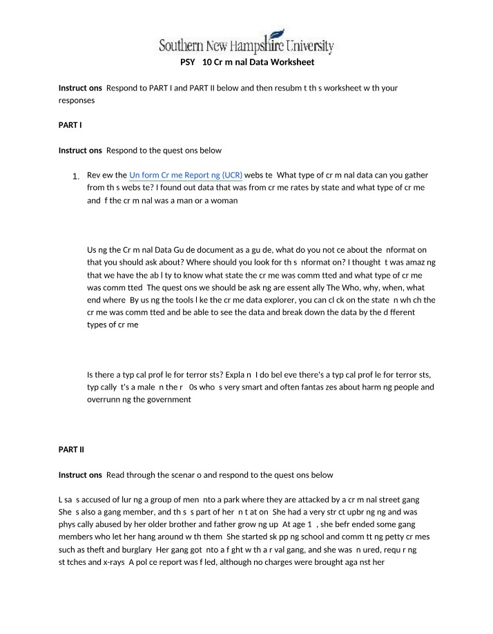 Criminal Data Worksheet - PSY310