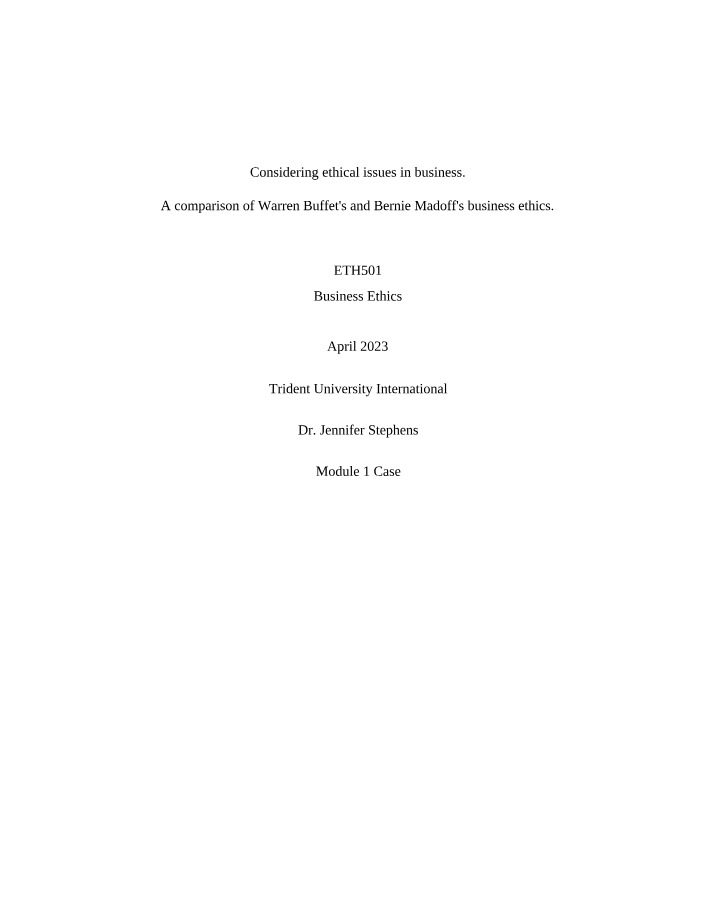 Business Ethics - A Comparison of Warren Buffet and Bernie Madoff