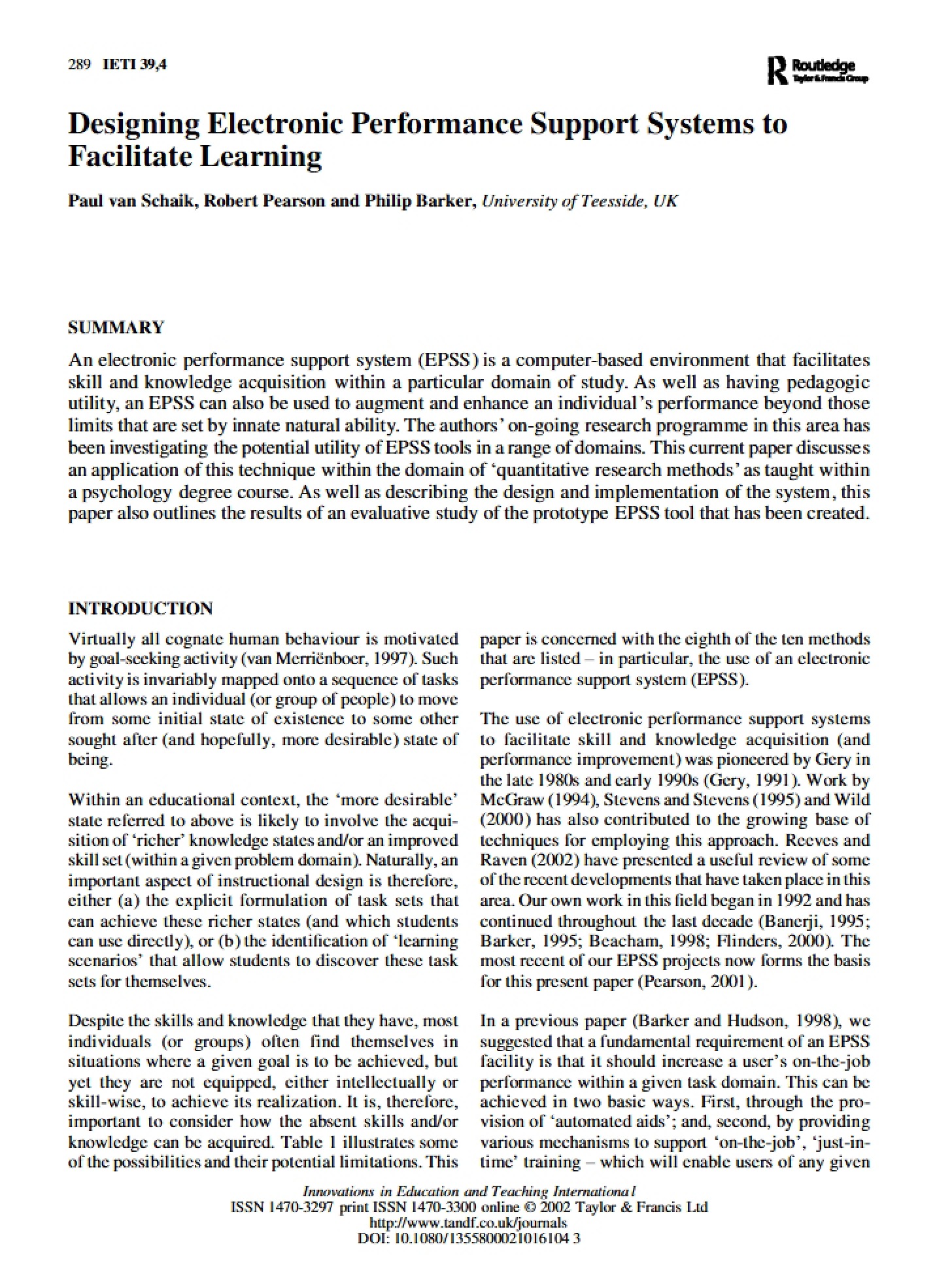 Electronic Performance Support Systems Design