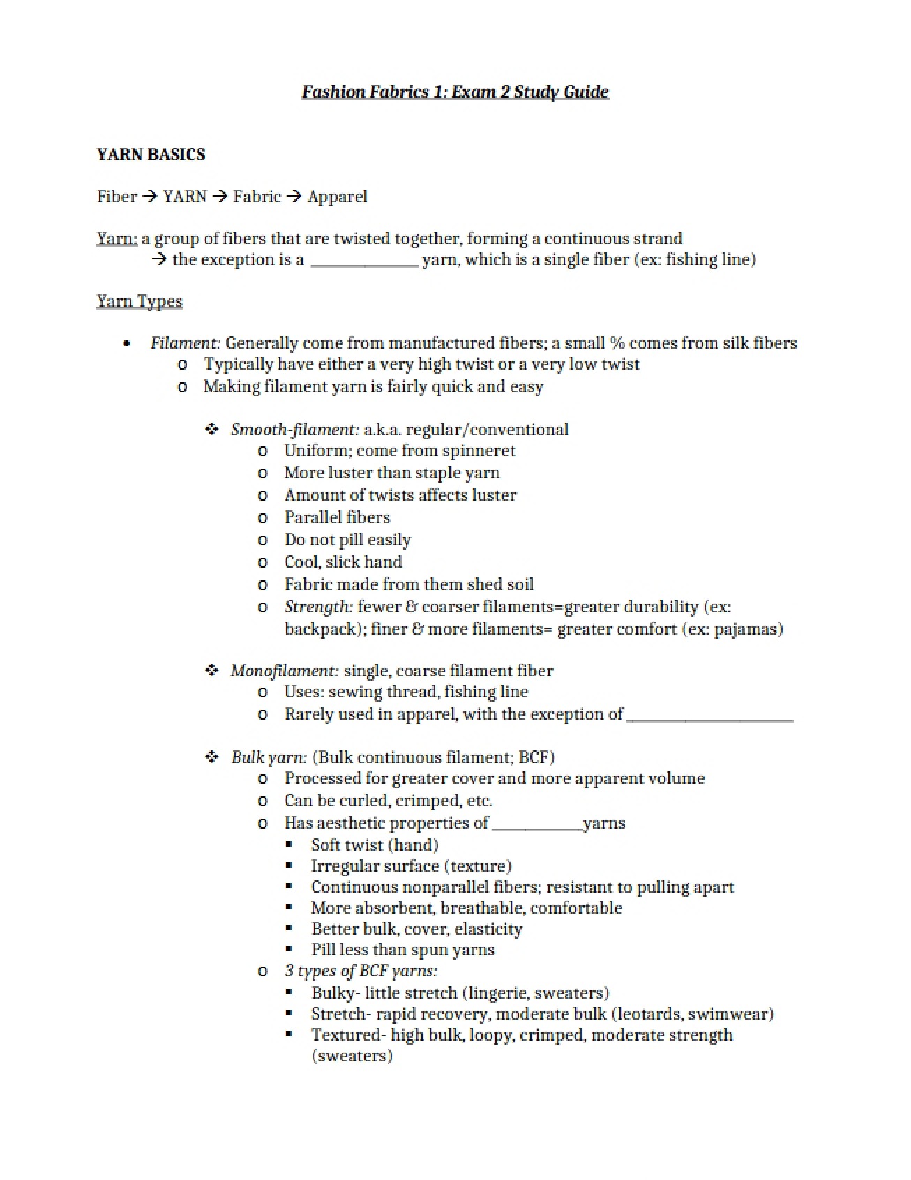 Study Guide for Fashion Fabrics Exam 2