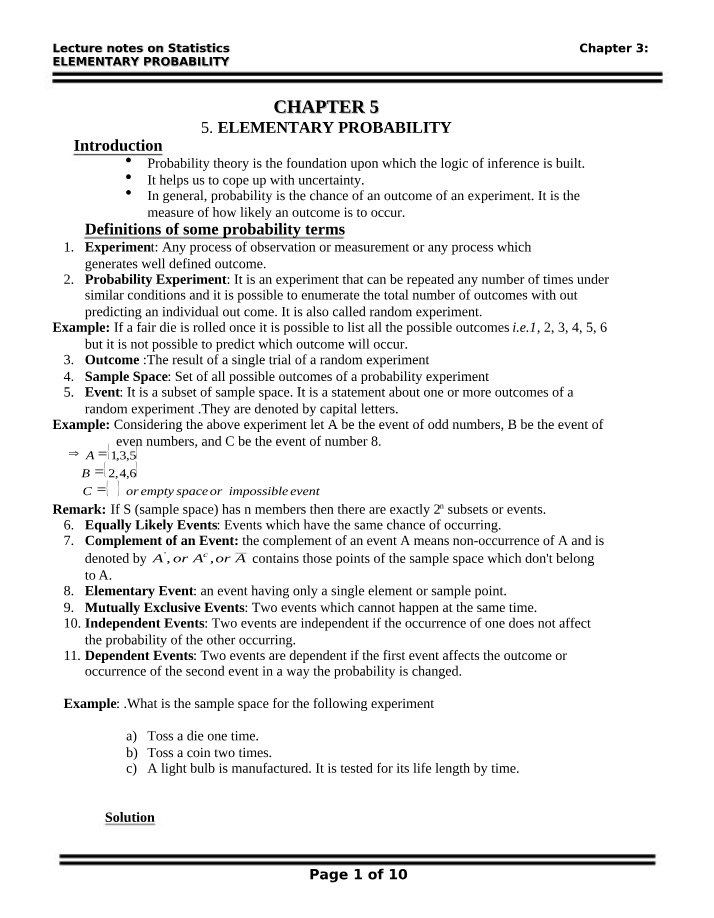 Lecture Notes - Elementary Probability