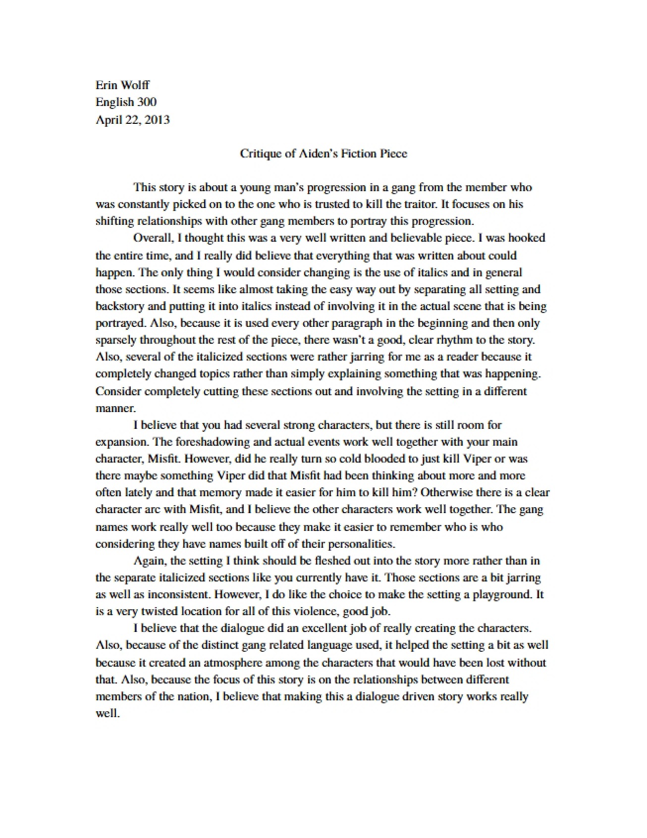 Review of Fiction Piece by Aiden