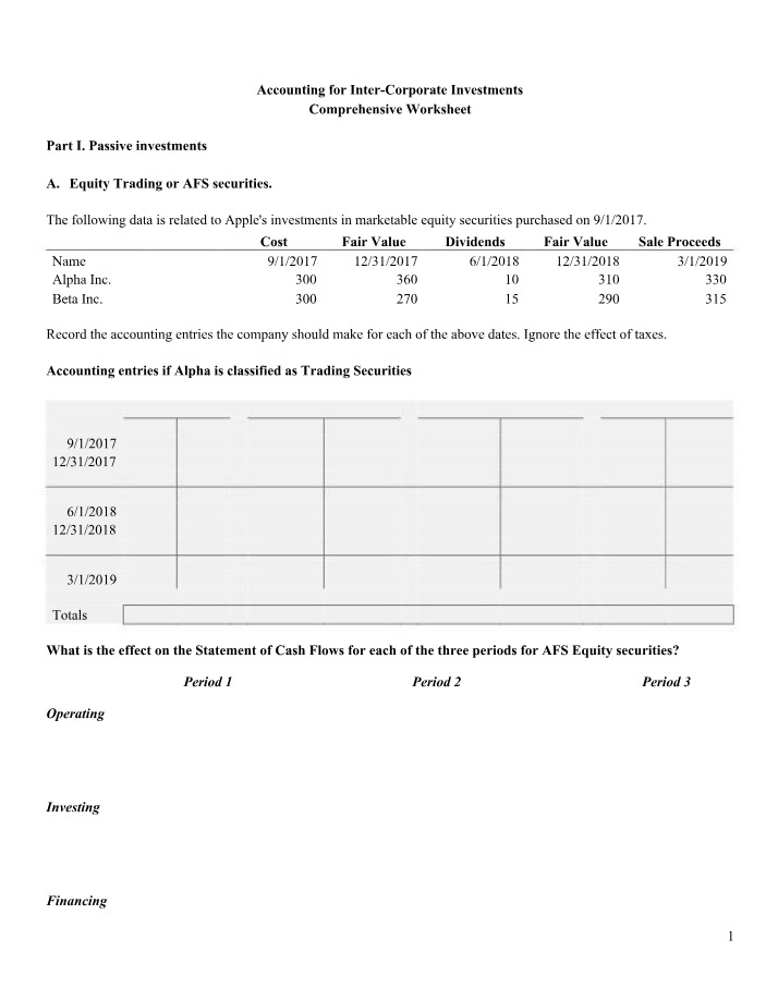 Worksheet - Accounting for Inter-Corporate Investments