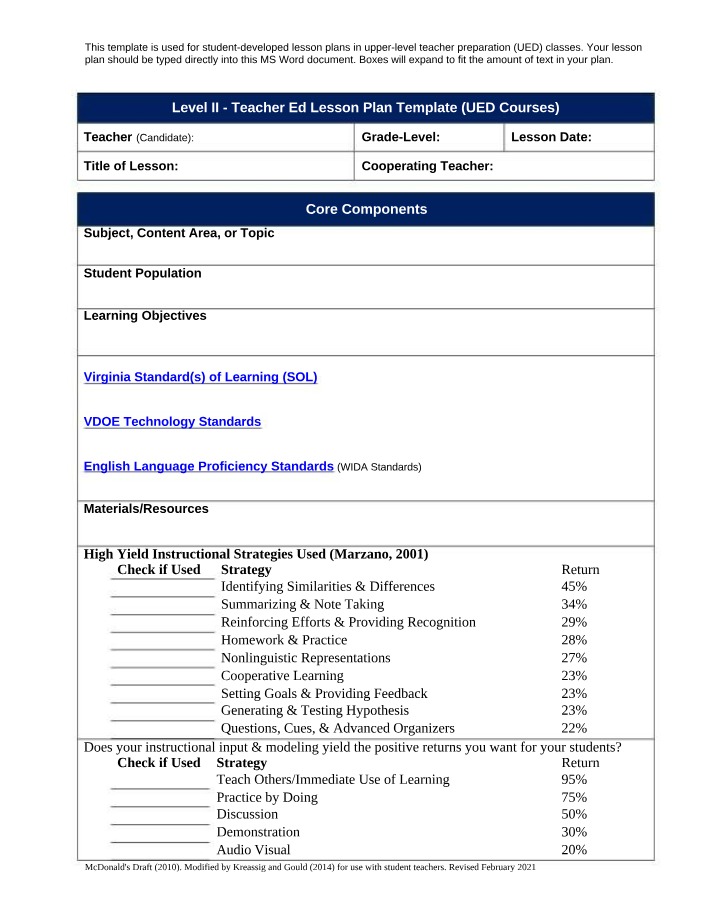 Lesson Plan Template for UED Course Strategies
