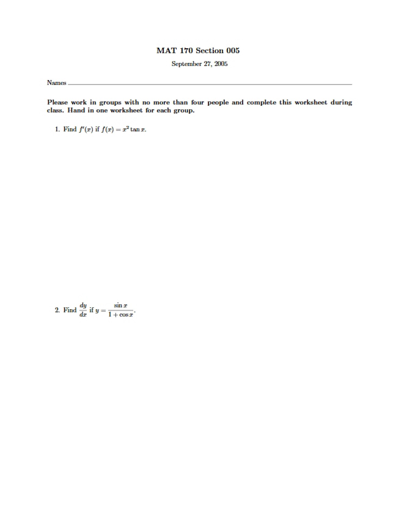 Worksheet for Calculus I