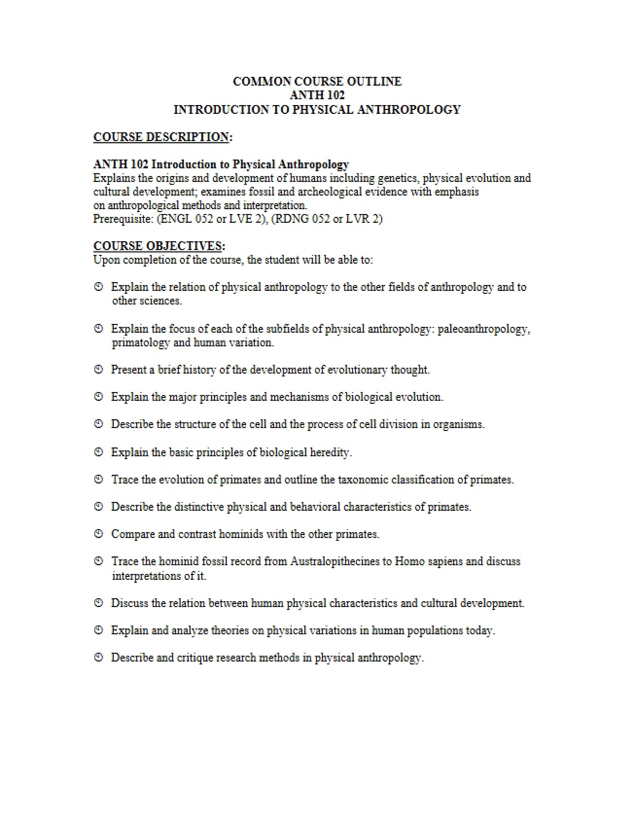 Course Outline for Physical Anthropology