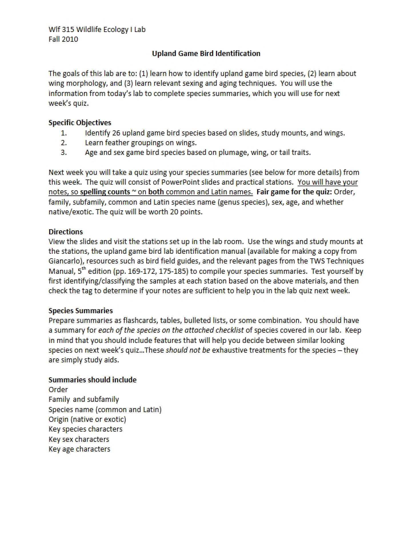 Identification of Upland Game Birds