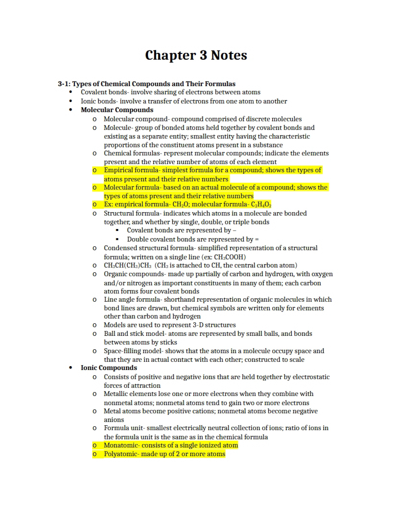 General Chemistry Chapter 3 Notes